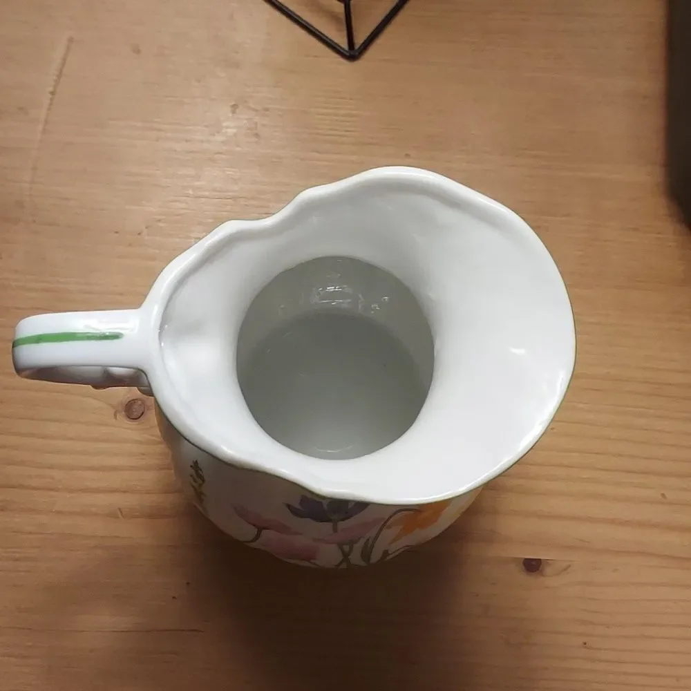 Floral Pitcher White with flowers Vintage green trim